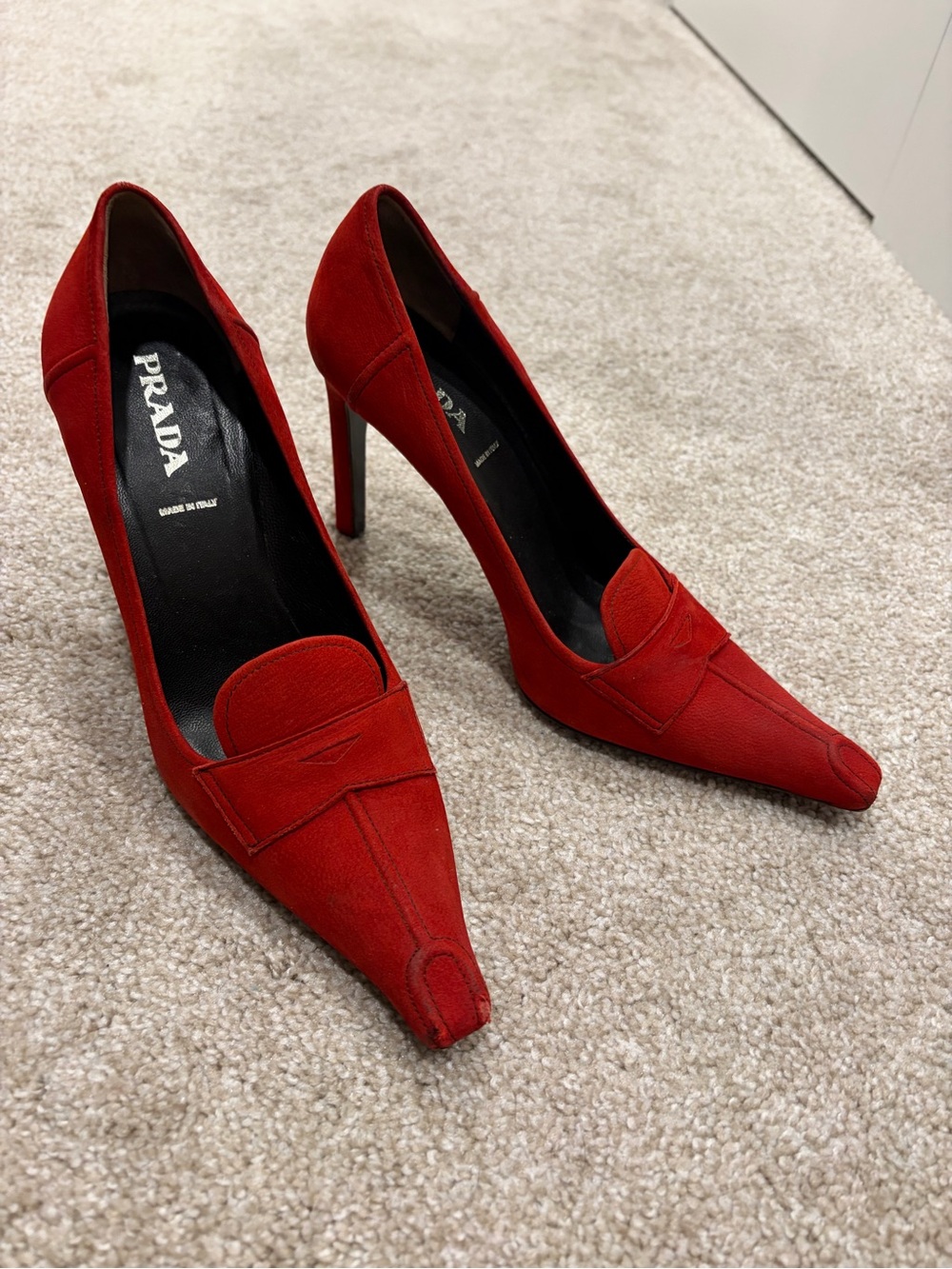 Prada Red Suede Pointed Loafer-Style Stiletto Pumps